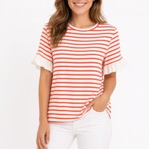 Tankaneo T-Shirt Womens Large Orange White Striped Cotton Stretch Ruffle Sleeve